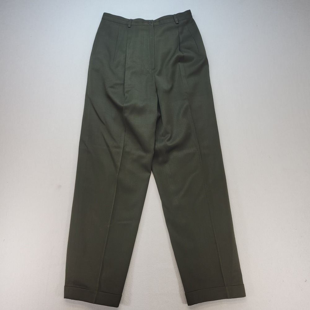 Preview Pleated Trousers Women 10 Olive Green Wool Straight Cuffed Pants
